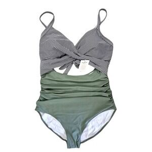 Eomenie One Piece Swimsuit Striped Cutout Ruched Tummy Control Olive Green XL